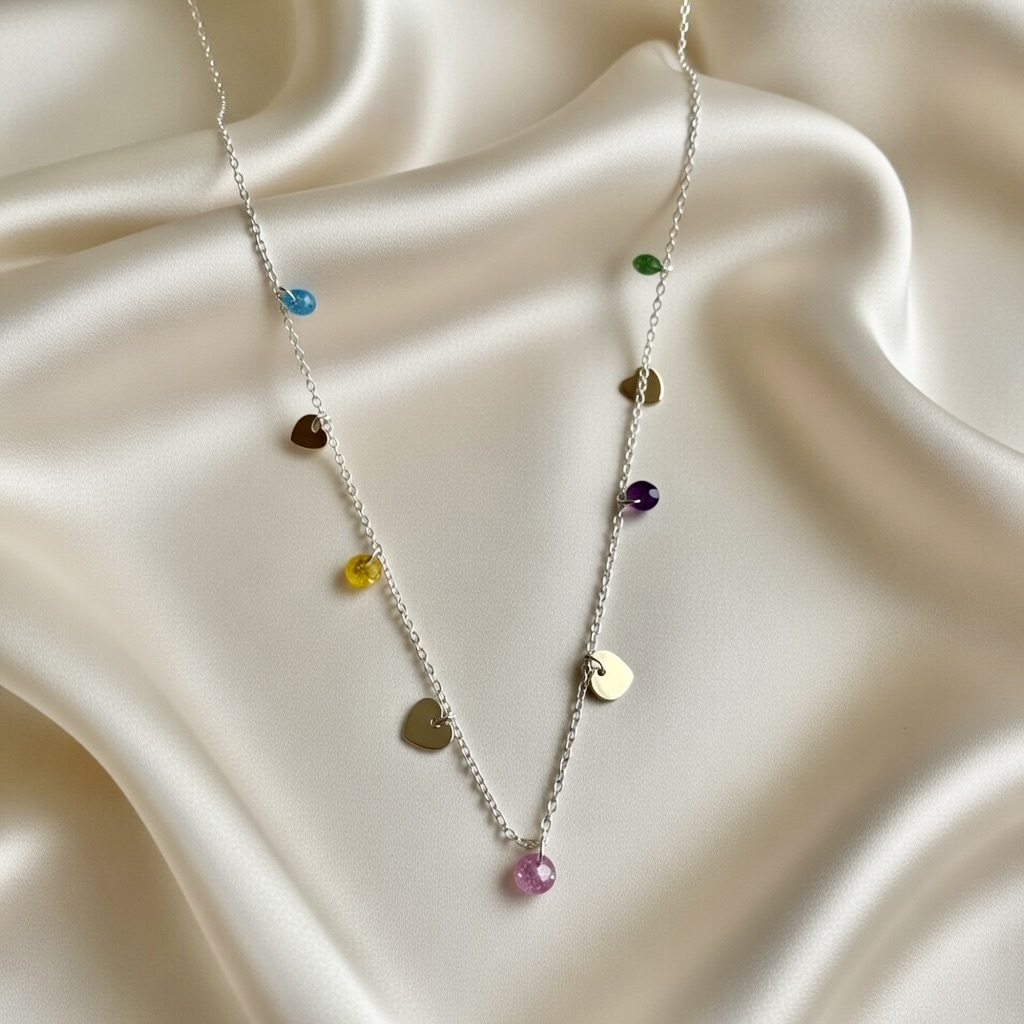 Silver Charm Necklace with Gem Accents