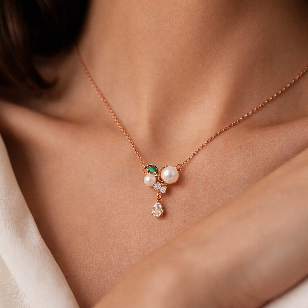 Pearl Cluster Charm Necklace Rose Gold