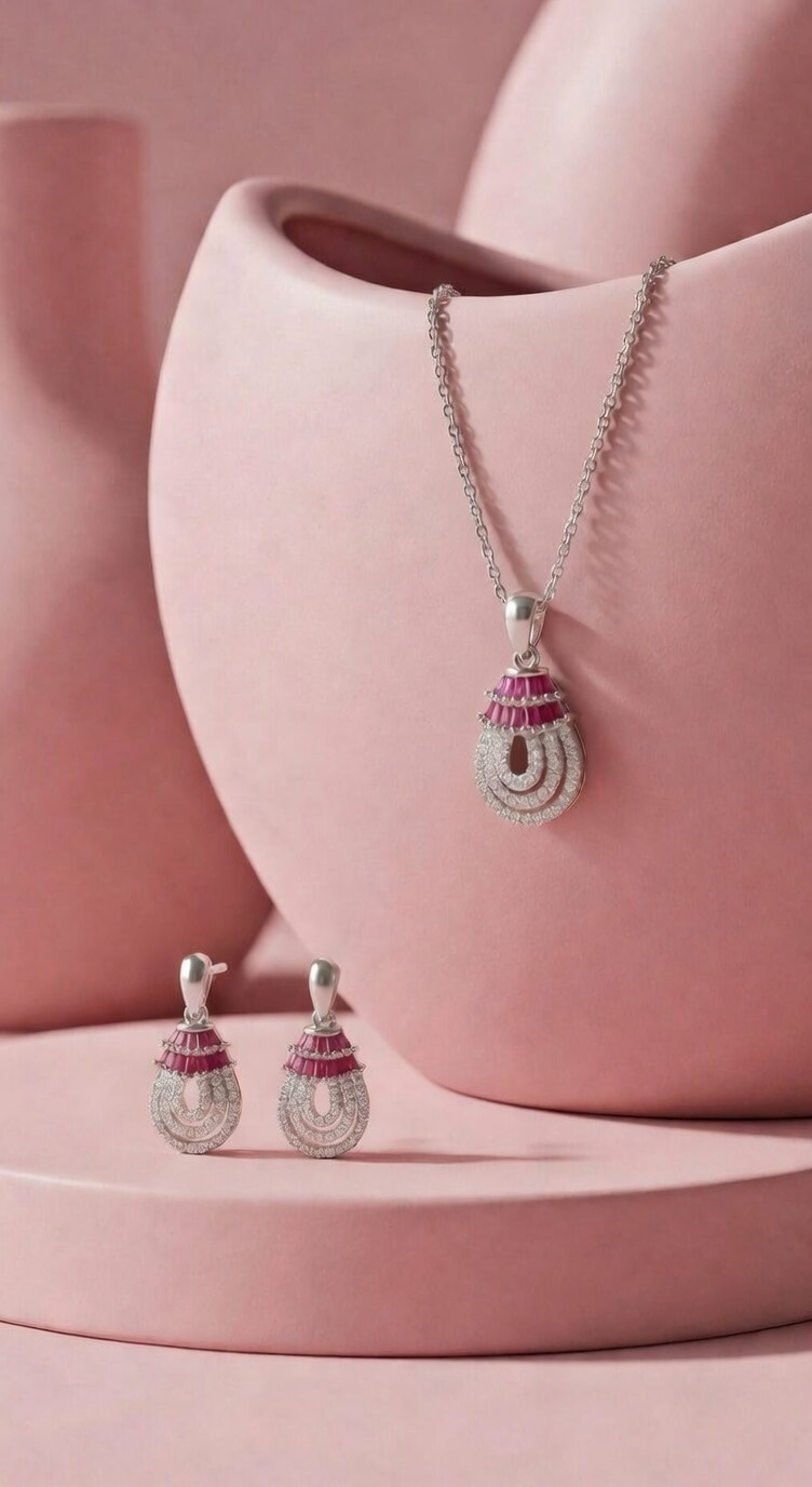 Ruby Accented Silver Pendant & Earrings