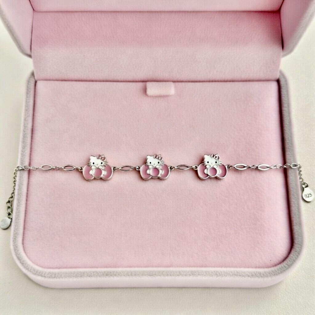 Pink Kitty Charm Bracelet- Silver