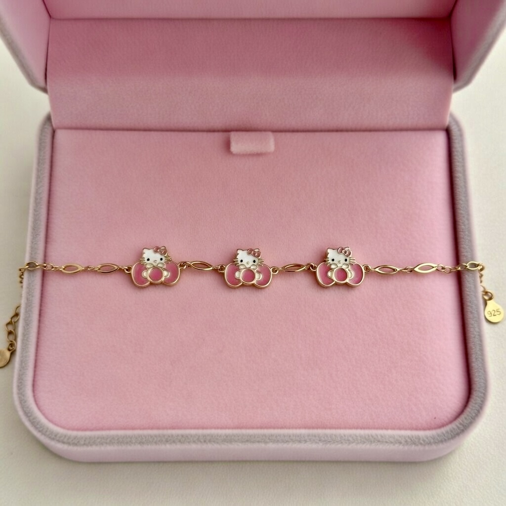 Pink Kitty Charm Bracelet- Rose Gold
