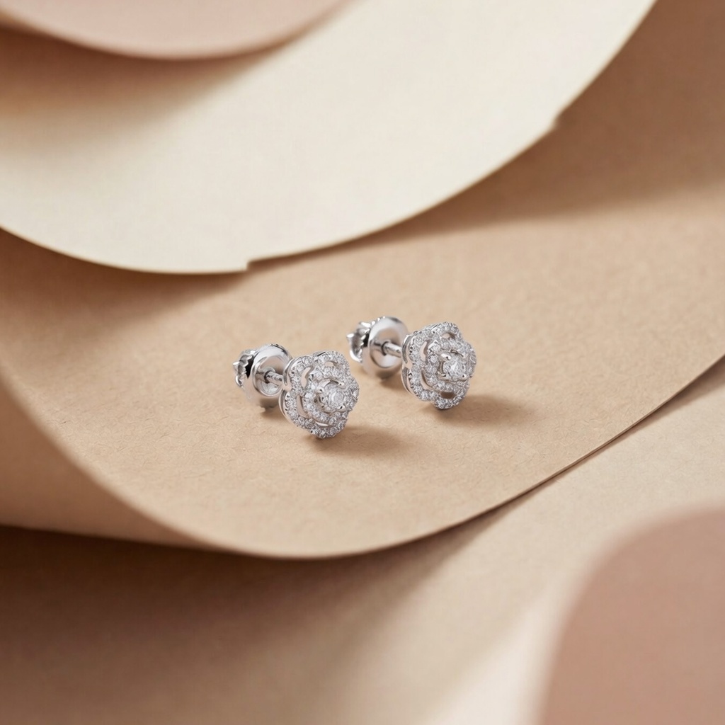 Elegant Rose-Shaped Diamond Stud Earrings