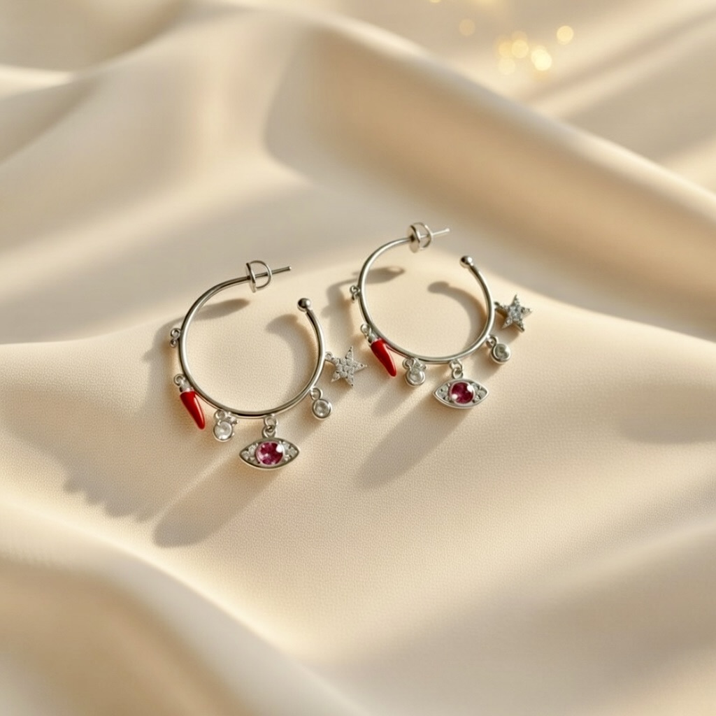 Charming Silver Hoop Earrings with Dangling Charms