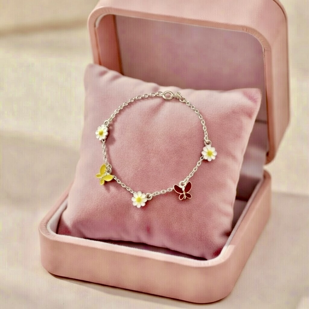 Silver Charm Bracelet with Butterflies & Flowers